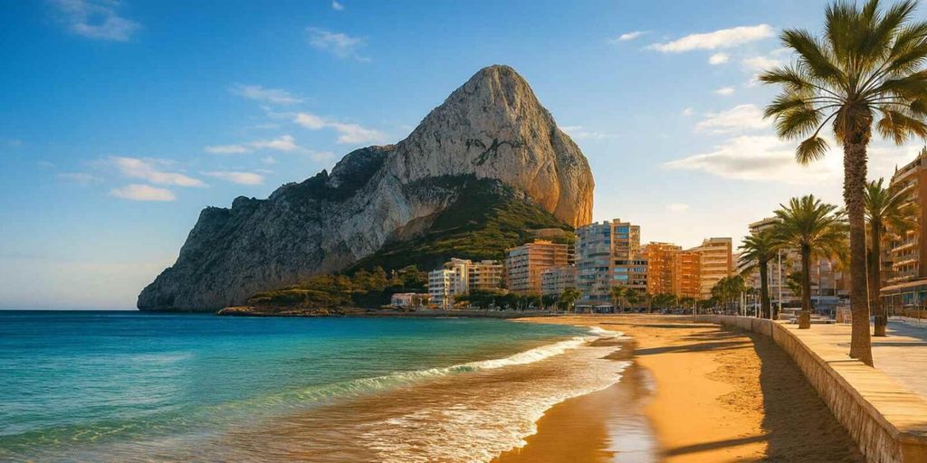 De Peñón de Ifach boven het strand van Calpe in gouden licht, Costa Blanca Noord